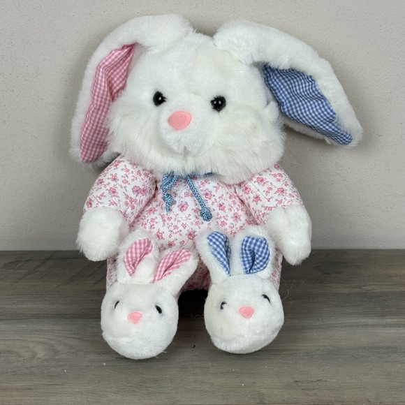 Deluxe Playthings Other - Vtg Rabbit Plush Deluxe Playthings Gingham Plaid Ears Bunny Slippers Pajamas 90s